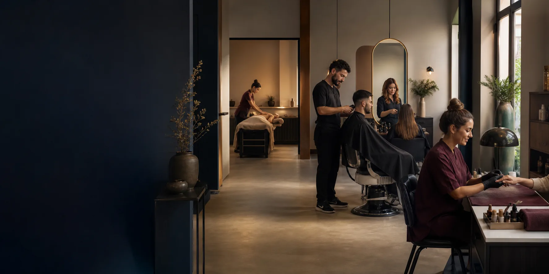 Profissionais de barbearia, salão, unhas e massagem num espaço de serviços organizado